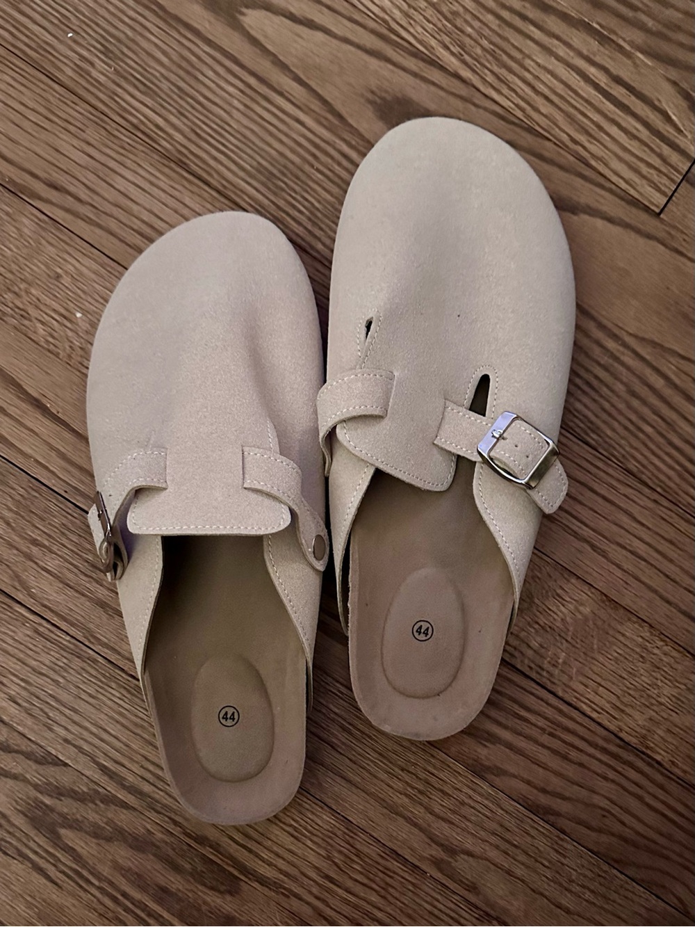 Suede Buckle Slip-On Clogs in Light Beige